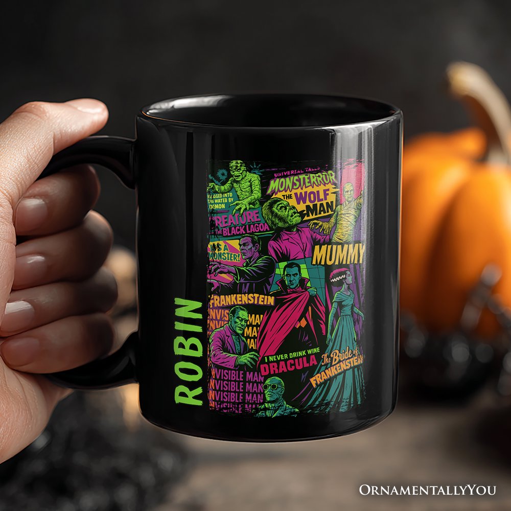 Horror Comic Classic Monsters Personalized Mug, Vintage Scary Halloween Gift with Custom Name Personalized Ceramic Mug OrnamentallyYou 