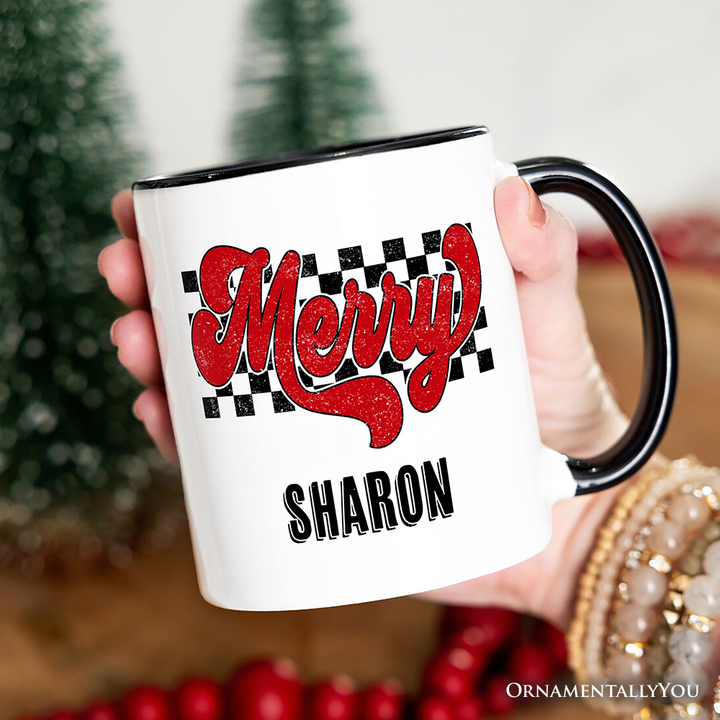 Merry Retro Personalized Mug, Christmas Checkered Gift with Custom Name