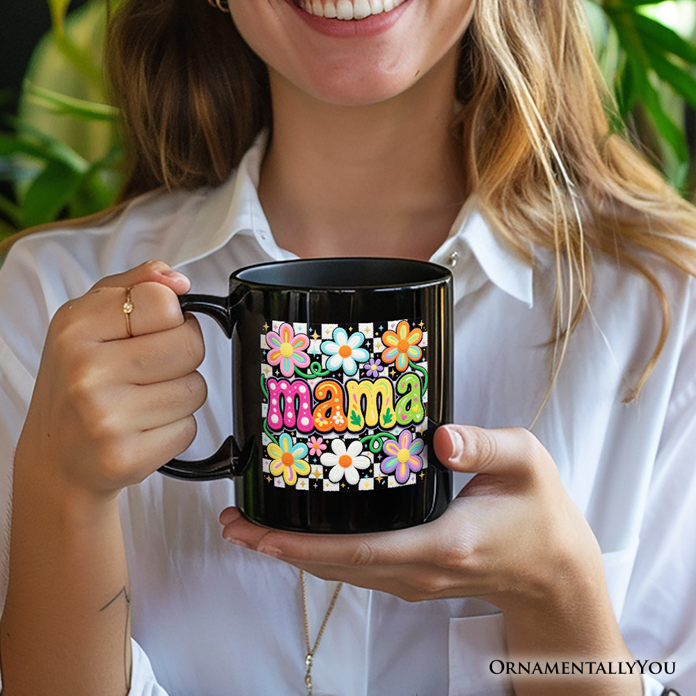 Retro Floral Mama Printed Faux Yarn Mug, Colorful Mother's Day Gift
