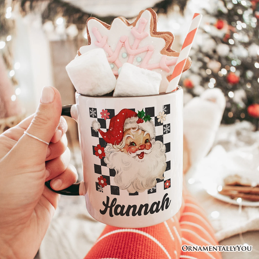 Checkered Santa Claus Vintage Personalized Mug, Retro Merry Christmas Gift with Custom Name