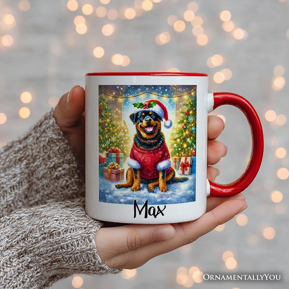 Charming Rottweiler in Festive Attire Personalized Mug, Heartwarming Dog-Themed Christmas Gift with Custom Name Personalized Ceramic Mug OrnamentallyYou 
