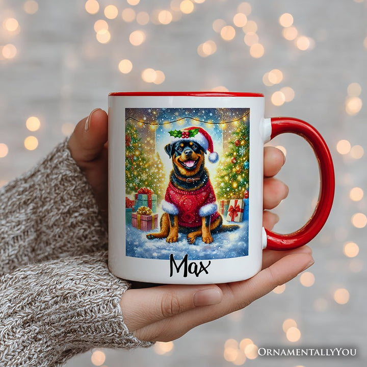 Charming Rottweiler in Festive Attire Personalized Mug, Heartwarming Dog-Themed Christmas Gift with Custom Name Personalized Ceramic Mug OrnamentallyYou 