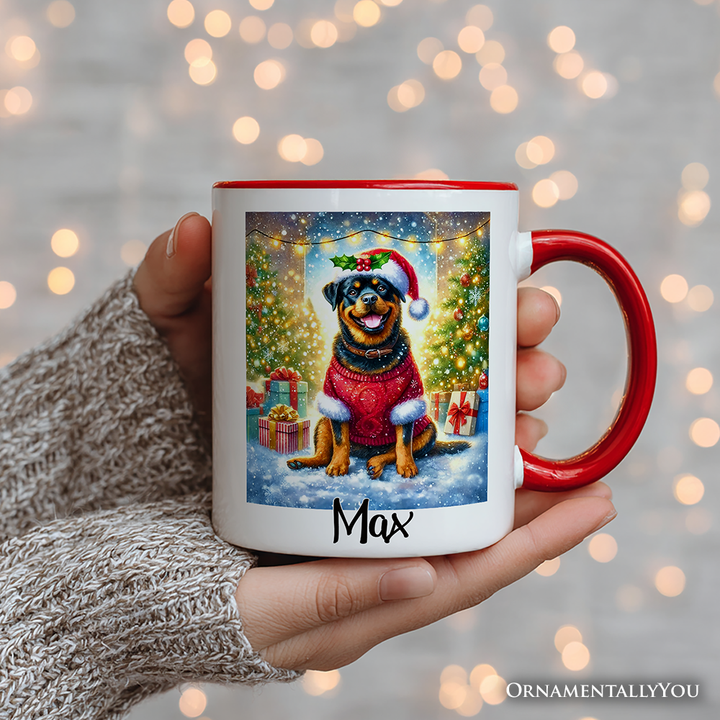 Charming Rottweiler in Festive Attire Personalized Mug, Heartwarming Dog-Themed Christmas Gift with Custom Name