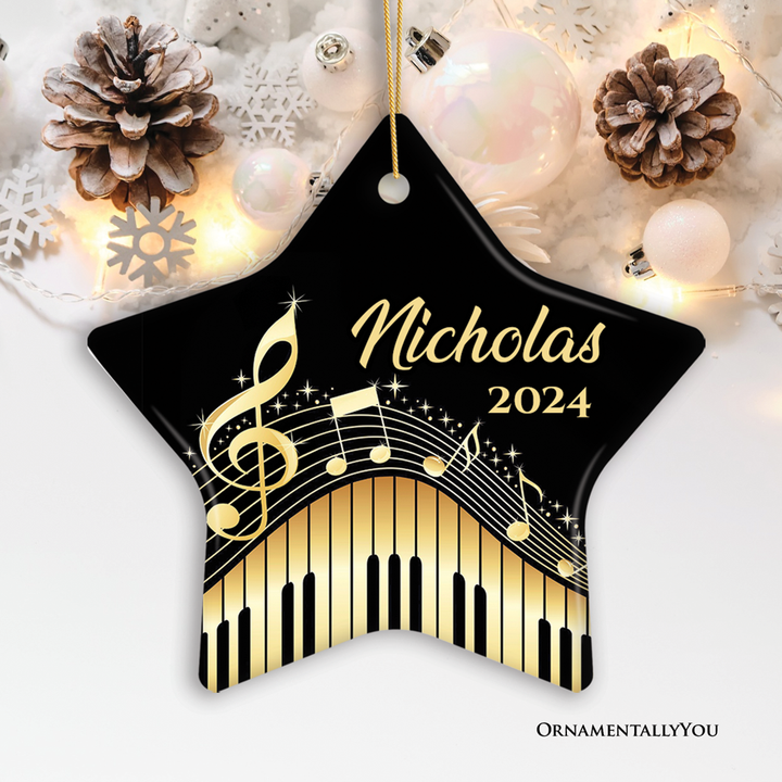 Elegant Gold Music Note Piano Keys Personalized Ornament, Customizable Music Teacher Student Keepsake Gift
