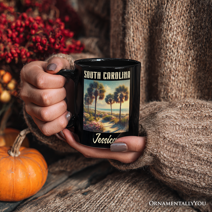 Serene South Carolina State Palmetto Beach Scene Personalized Mug, Coastal Gift and Tropical Keepsake Souvenir with Custom Name