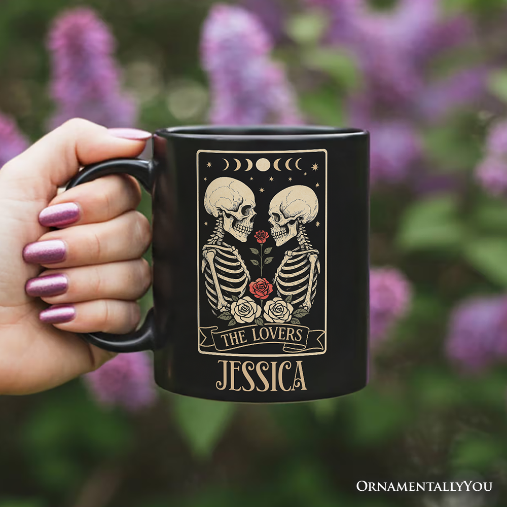 Skeleton The Lovers Personalized Mug, Tarot Card Gothic Moon Phases Rose Gift with Custom Name