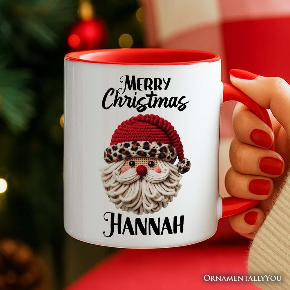 Santa Leopard Hat Christmas Personalized Mug, Imitation Latch Hook Yarn Cozy Gift with Custom Name Personalized Ceramic Mug OrnamentallyYou 