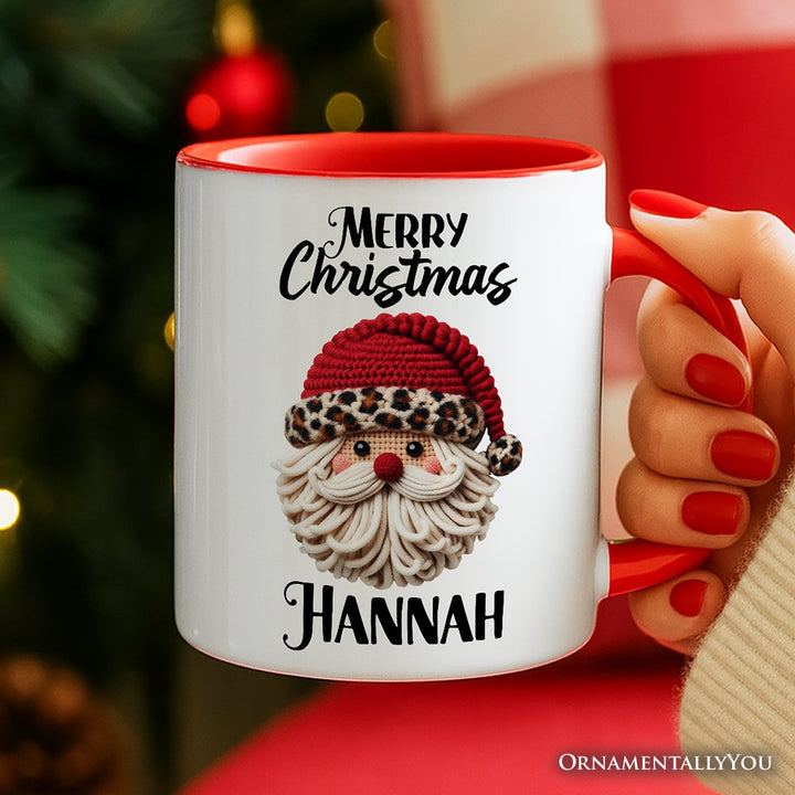 Santa Leopard Hat Christmas Personalized Mug, Imitation Latch Hook Yarn Cozy Gift with Custom Name Personalized Ceramic Mug OrnamentallyYou 