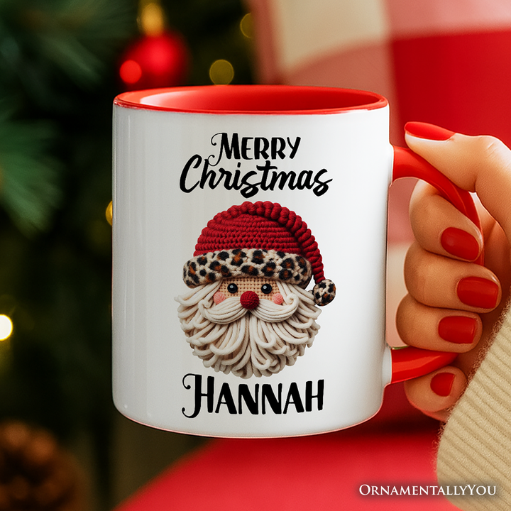 Santa Leopard Hat Christmas Personalized Mug, Imitation Latch Hook Yarn Cozy Gift with Custom Name