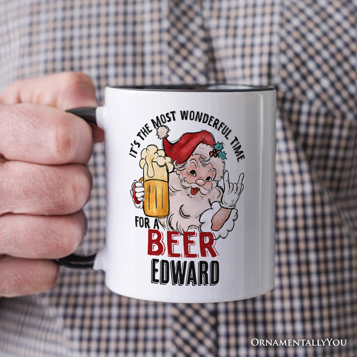 Santa Beer Christmas Personalized Mug, It’s The Most Wonderful Time Funny Holiday Gift with Custom Name