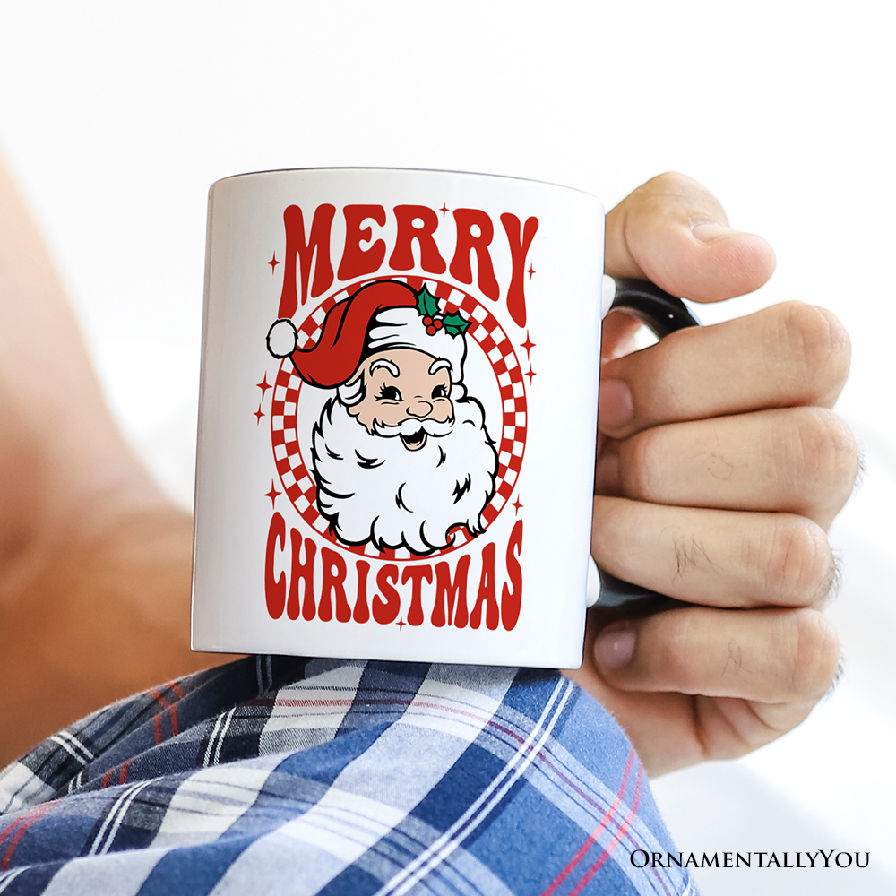 Merry Christmas Santa Personalized Mug, Retro Red Checkered Holiday Gift with Custom Name