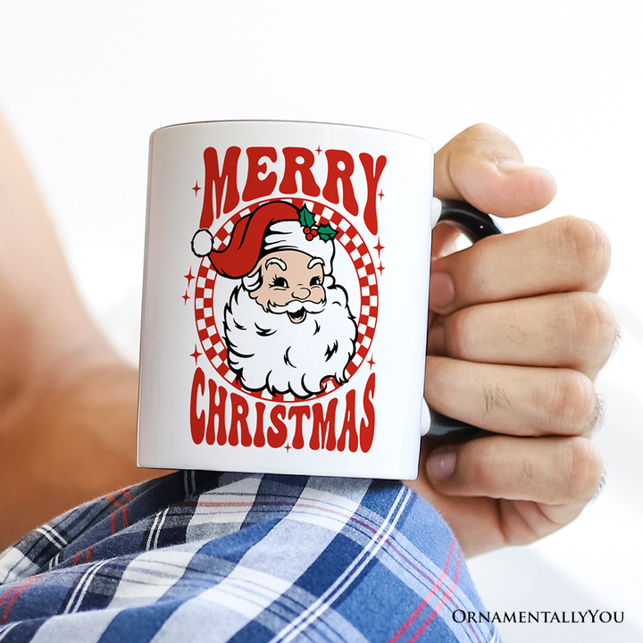 Merry Christmas Santa Personalized Mug, Retro Red Checkered Holiday Gift with Custom Name