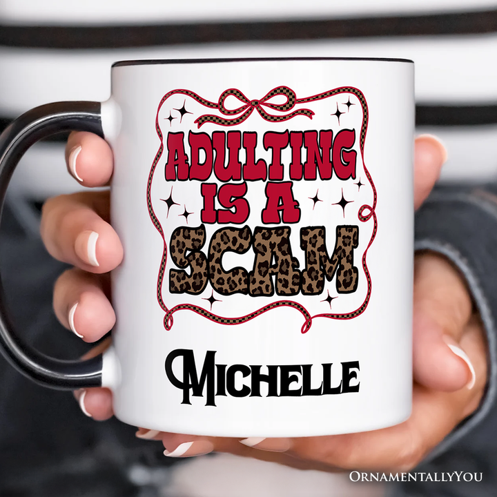 Adulting Is a Scam Humor Personalized Mug, Leopard Retro Western Gift with Custom Name