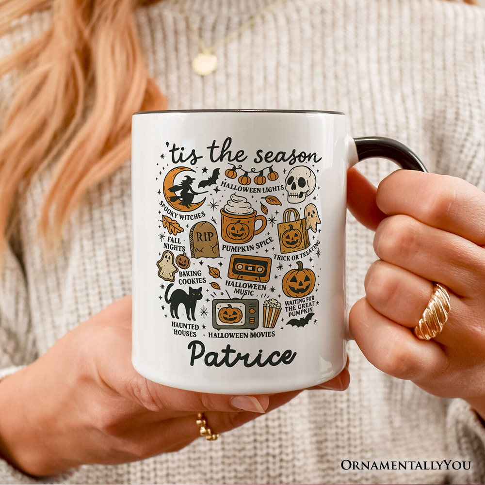 Tis the Season Retro Spooky Halloween Personalized Mug, Autumn Vibes Essentials Gift with Custom Name