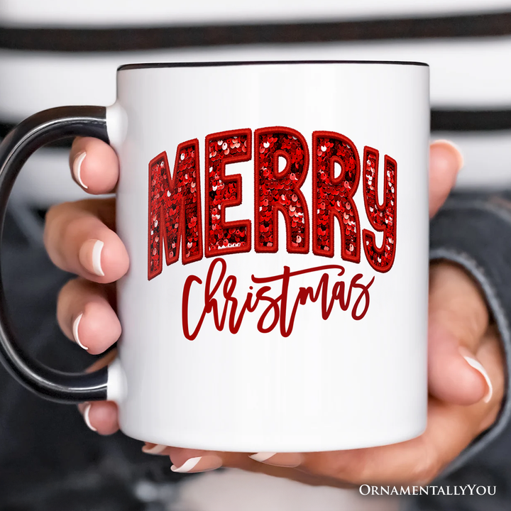 Merry Christmas Sequin Personalized Mug, Bold Red Glitter Custom Gift for Festive Holiday Season