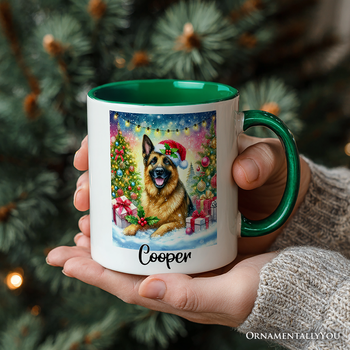 Festive German Shepherd with Santa Hat Personalized Mug, Joyful Christmas Gift with Custom Name