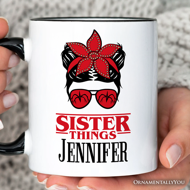 Sister Things Messy Bun Retro Personalized Mug, Red Bandana Glasses Family Matching Gift with Custom Name