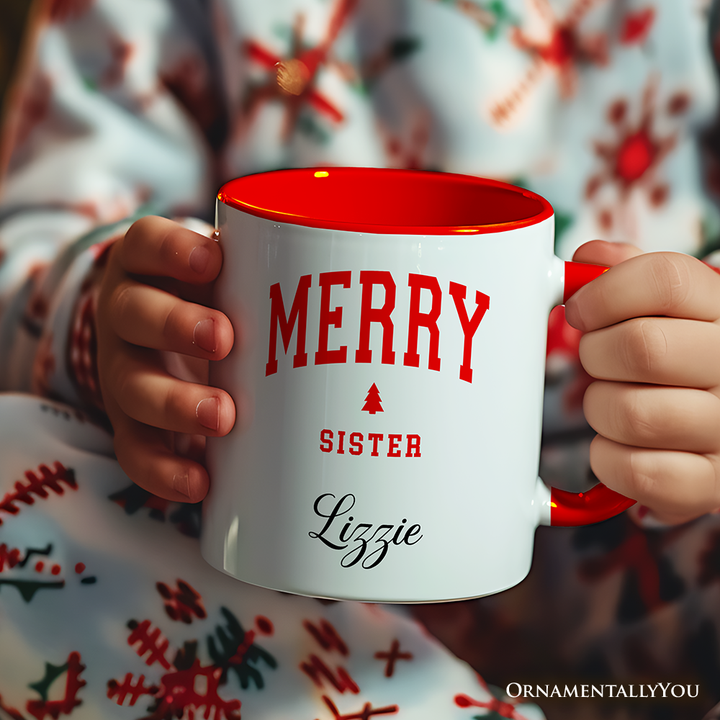 Merry Sister Retro Christmas Personalized Mug, Matching Family Holiday Gift with Custom Name