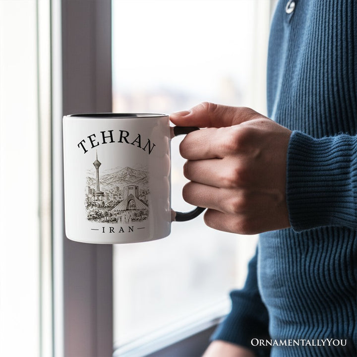 Hand-sketch Tehran Cityscape Mug, Iran Landmarks Azadi and Milad Tower Gift Personalized Ceramic Mug OrnamentallyYou 