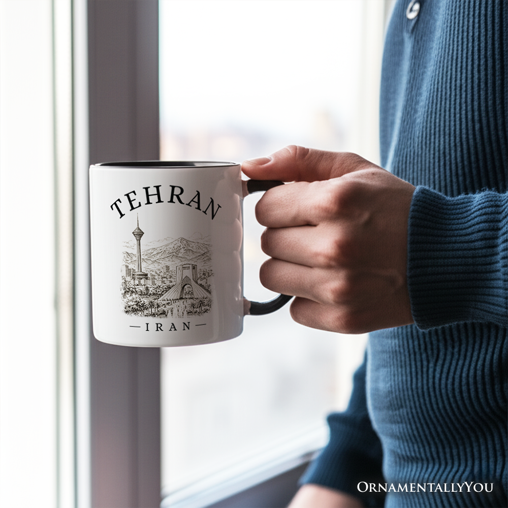 Hand-sketch Tehran Cityscape Mug, Iran Landmarks Azadi and Milad Tower Gift