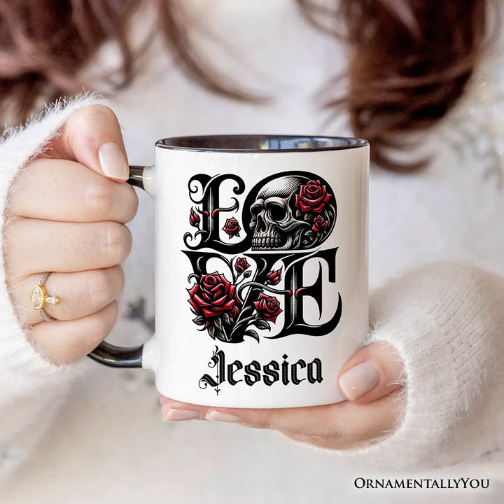 Gothic Love Skull Roses Personalized Mug, Dark Valentine Romance Gift with Custom Name Personalized Ceramic Mug OrnamentallyYou 