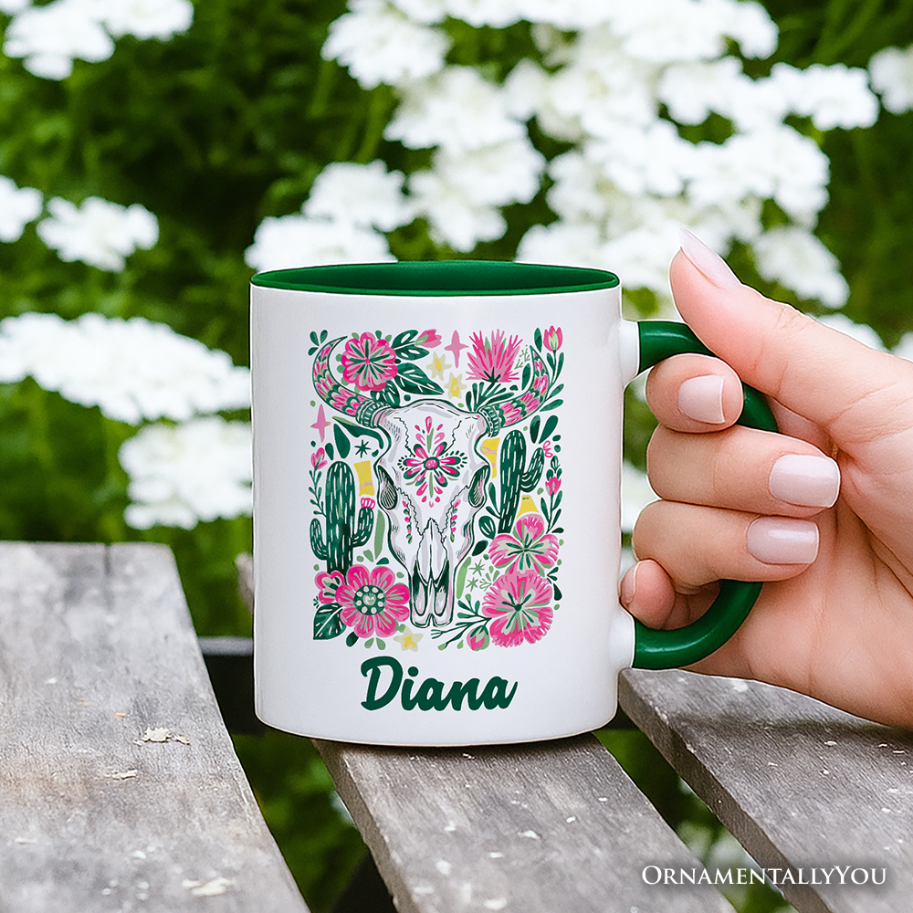Western Floral Cow Skull Personalized Mug, Boho Cowgirl Wildflower Cactus Gift with Custom Name