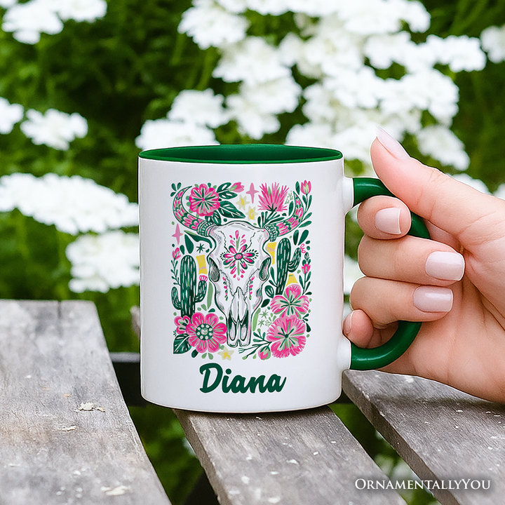 Western Floral Cow Skull Personalized Mug, Boho Cowgirl Wildflower Cactus Gift with Custom Name