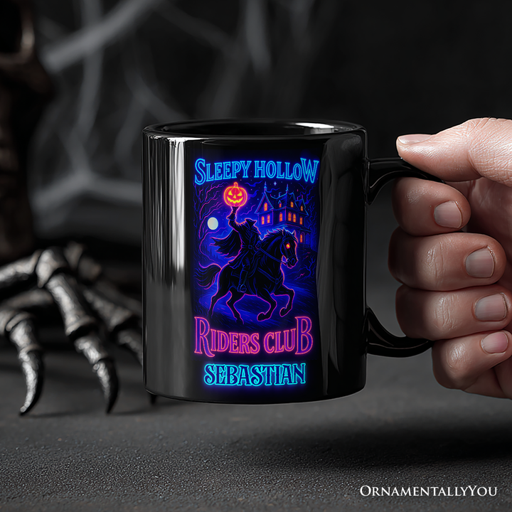 Sleepy Hollow Headless Horseman Personalized Mug, Neon Effect Halloween Gift with Custom Name