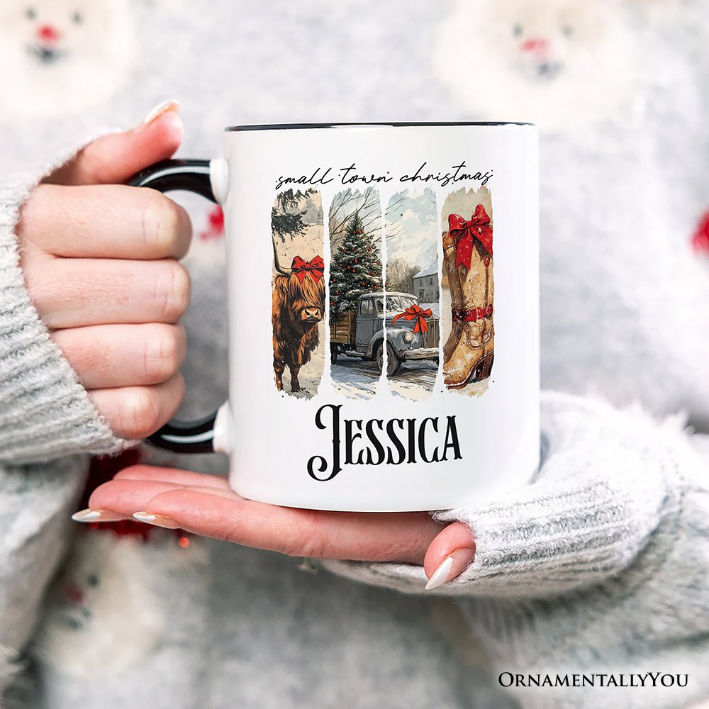 Small Town Christmas Personalized Mug, Highland Cow Rustic Western Cowgirl Holiday Gift with Custom Name Personalized Ceramic Mug OrnamentallyYou 