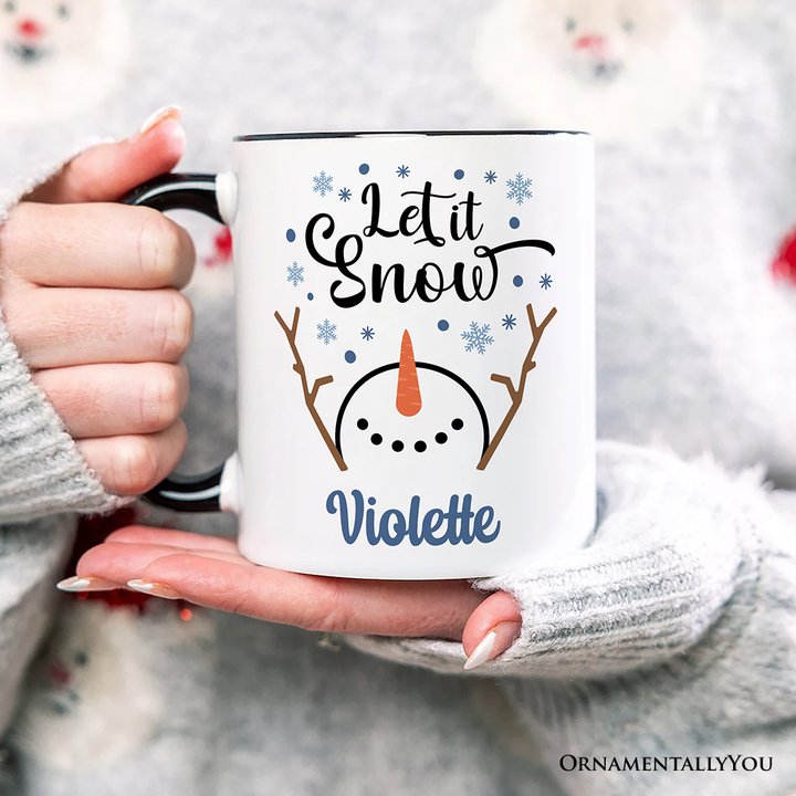 Let It Snow Snowman Personalized Mug, Snowflakes Minimalist Gift with Custom Name