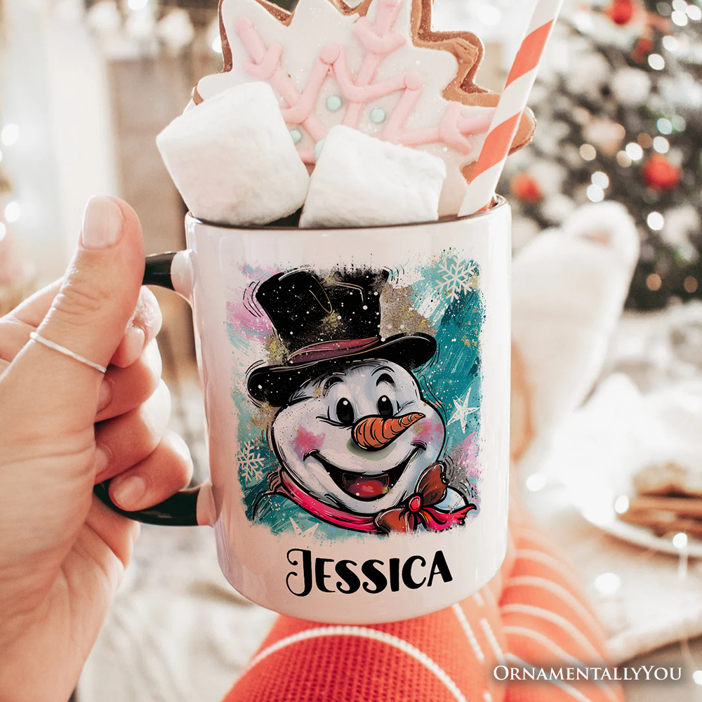 Brushstroke Cute Snowman Personalized Mug, Preppy Merry Christmas Glitter Holiday Gift with Custom Name