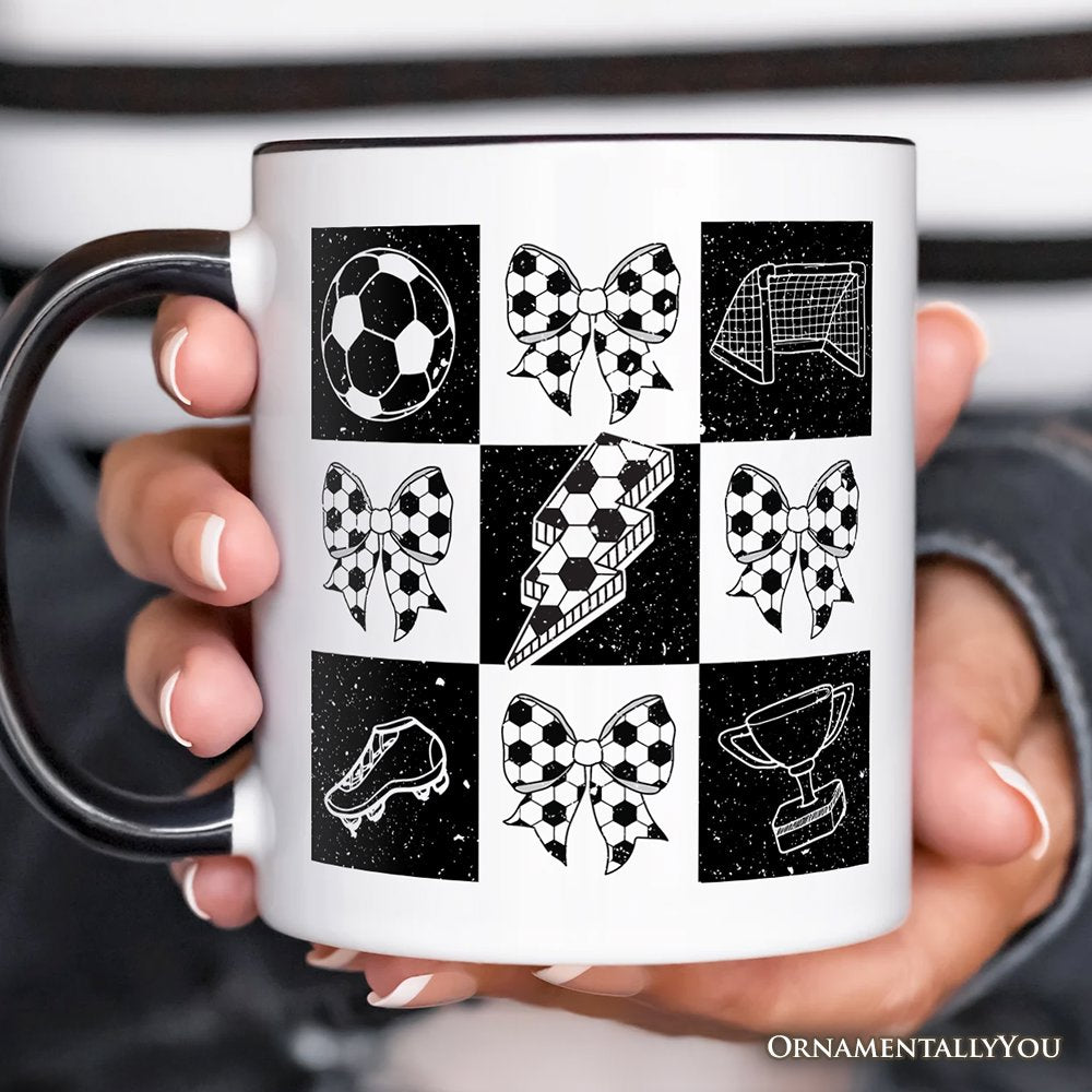 Retro Checkered Soccer Mug, Coquette Bow Game Day Gift Personalized Ceramic Mug OrnamentallyYou 