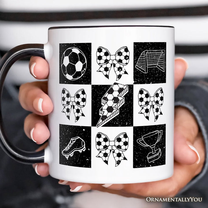Retro Checkered Soccer Mug, Coquette Bow Game Day Gift Personalized Ceramic Mug OrnamentallyYou 