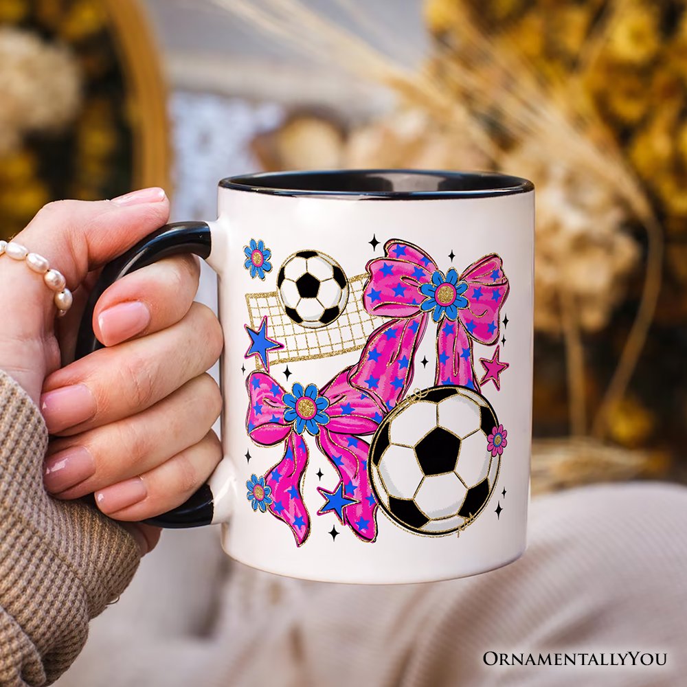 Soccer Coquette Pink Bow Mug, Preppy Game Day Gift Personalized Ceramic Mug OrnamentallyYou 