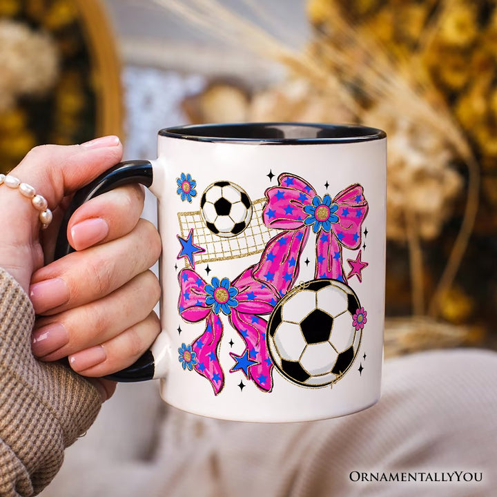 Soccer Coquette Pink Bow Mug, Preppy Game Day Gift Personalized Ceramic Mug OrnamentallyYou 