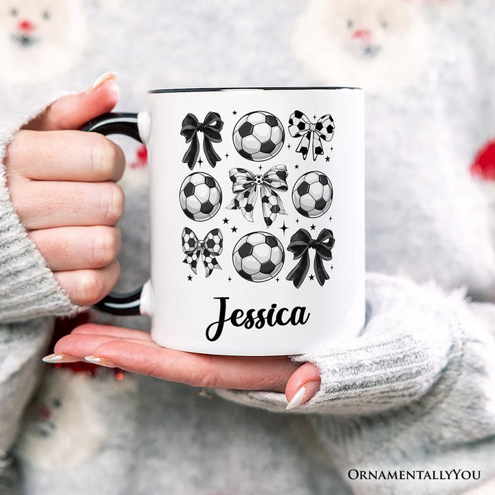 Soccer Balls Coquette Bows Personalized Mug, Sports Mom Tee Gift with Custom Name Personalized Ceramic Mug OrnamentallyYou 