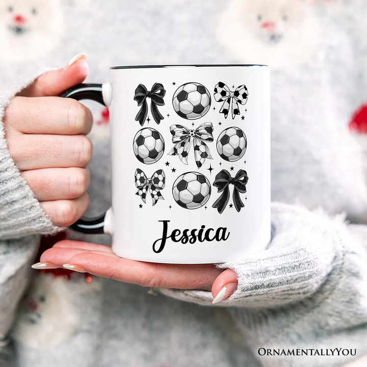 Soccer Balls Coquette Bows Personalized Mug, Sports Mom Tee Gift with Custom Name