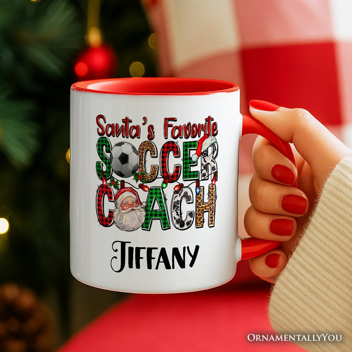 Santa’s Favorite Soccer Coach Personalized Mug, Plaid Christmas Football Gift with Custom Name Personalized Ceramic Mug OrnamentallyYou 