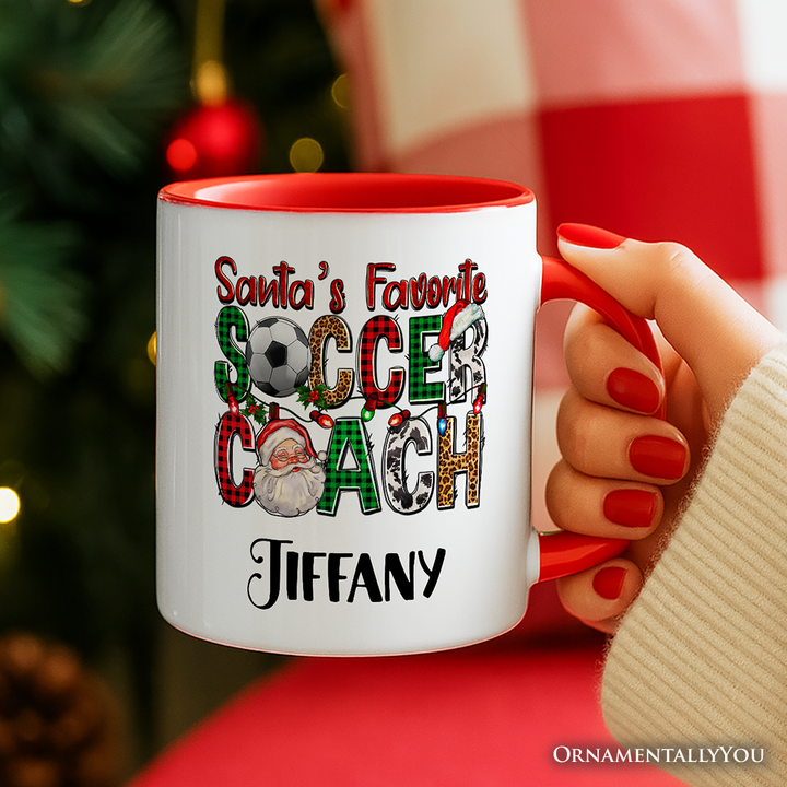 Santa’s Favorite Soccer Coach Personalized Mug, Plaid Christmas Football Gift with Custom Name