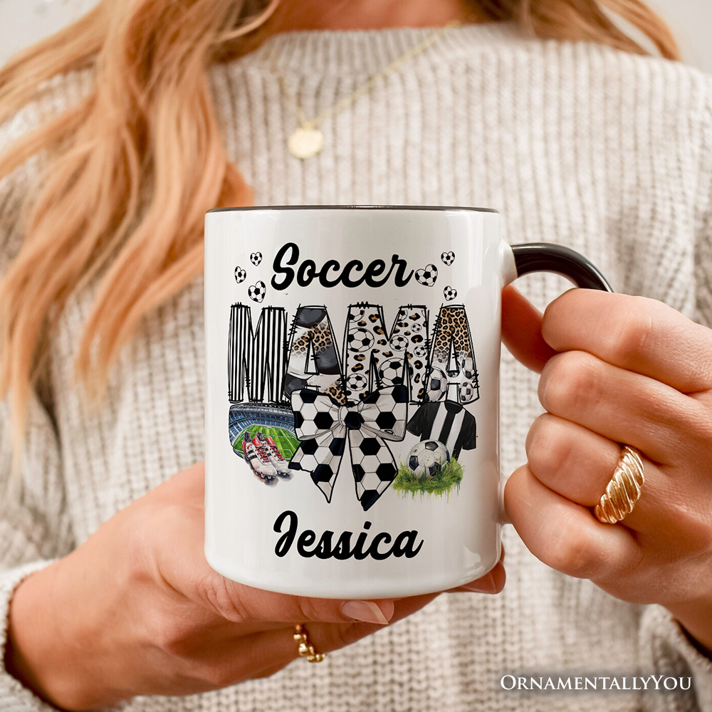Soccer Mama Coquette Bow Personalized Mug, Game Day Mom Life Gift with Custom Name