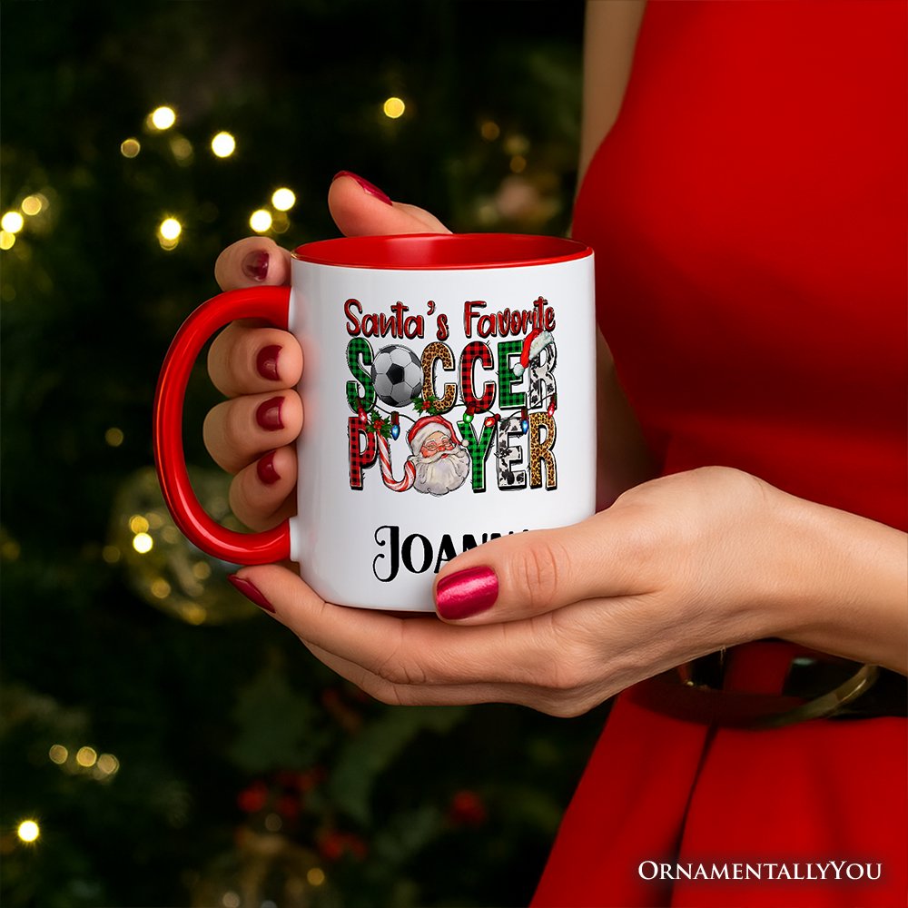 Santa’s Favorite Soccer Player Christmas Plaid Personalized Mug, Football Gift with Custom Name Personalized Ceramic Mug OrnamentallyYou 