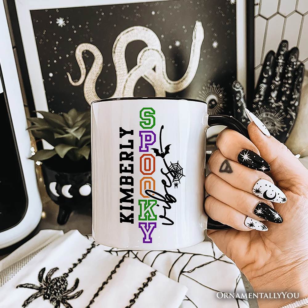 Spooky Vibes Sports Lettering Personalized Mug, Colorful Halloween Gift with Custom Name
