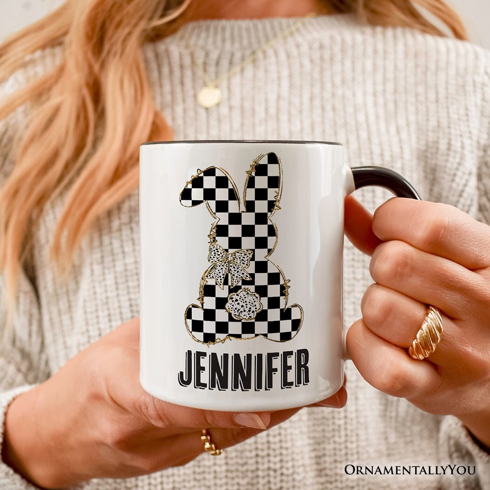 Checkered Easter Bunny Coquette Personalized Mug, Stylish Spring Gift with Custom Name Personalized Ceramic Mug OrnamentallyYou 