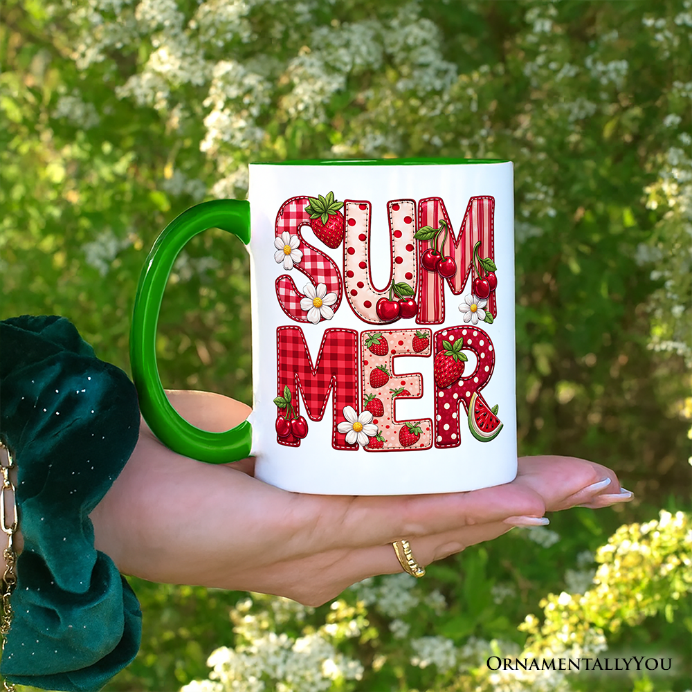 Strawberry Cherry Printed Faux Patchwork Mug, Summer Fruit Picnic Gift