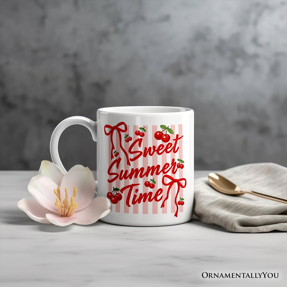 Striped Cherry Sweet Summer Time Mug, Coquette Vacation Gift Personalized Ceramic Mug OrnamentallyYou 