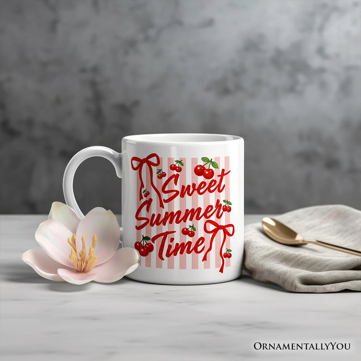 Striped Cherry Sweet Summer Time Mug, Coquette Vacation Gift Personalized Ceramic Mug OrnamentallyYou 