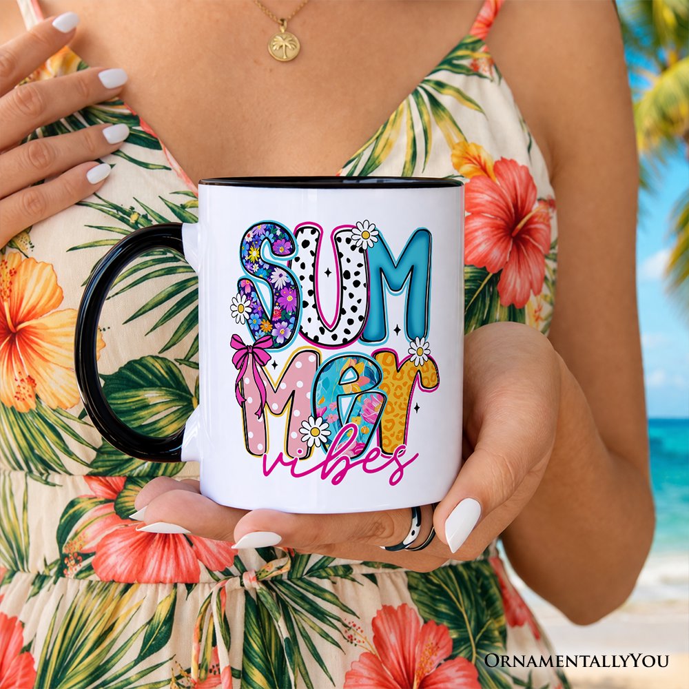 Summer Vibes Retro Floral Mug, Coastal Beach Gift Personalized Ceramic Mug OrnamentallyYou 