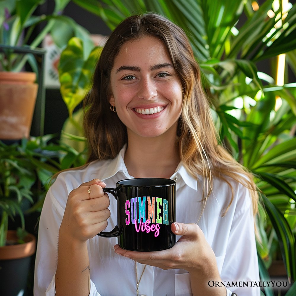 Summer Vibes Neon Varsity Mug, Retro Beach Gift Personalized Ceramic Mug OrnamentallyYou 