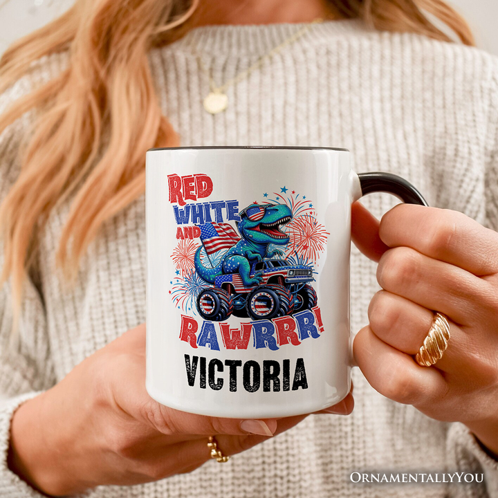 Patriotic Dinosaur Monster Truck Personalized Mug, Red White and Rawrr 4th of July Gift with Custom Name