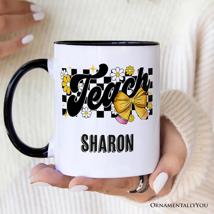 Teach Checkered Coquette Bow Personalized Mug, Retro Gift for Trendy Teachers with Custom Name